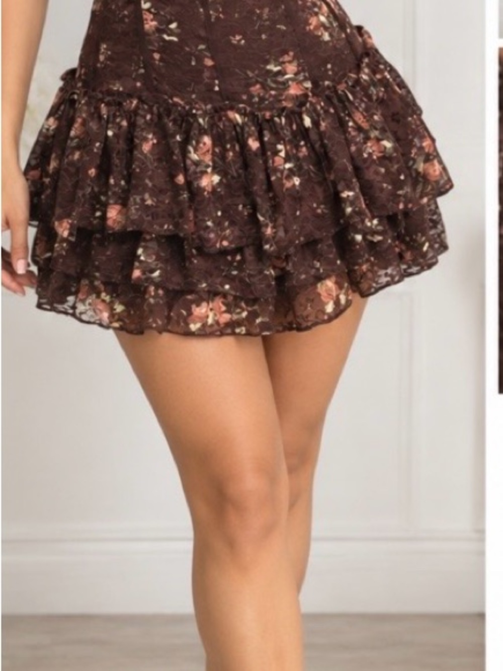 Windsor Brown Floral Tiered Ruffle Mini Dress